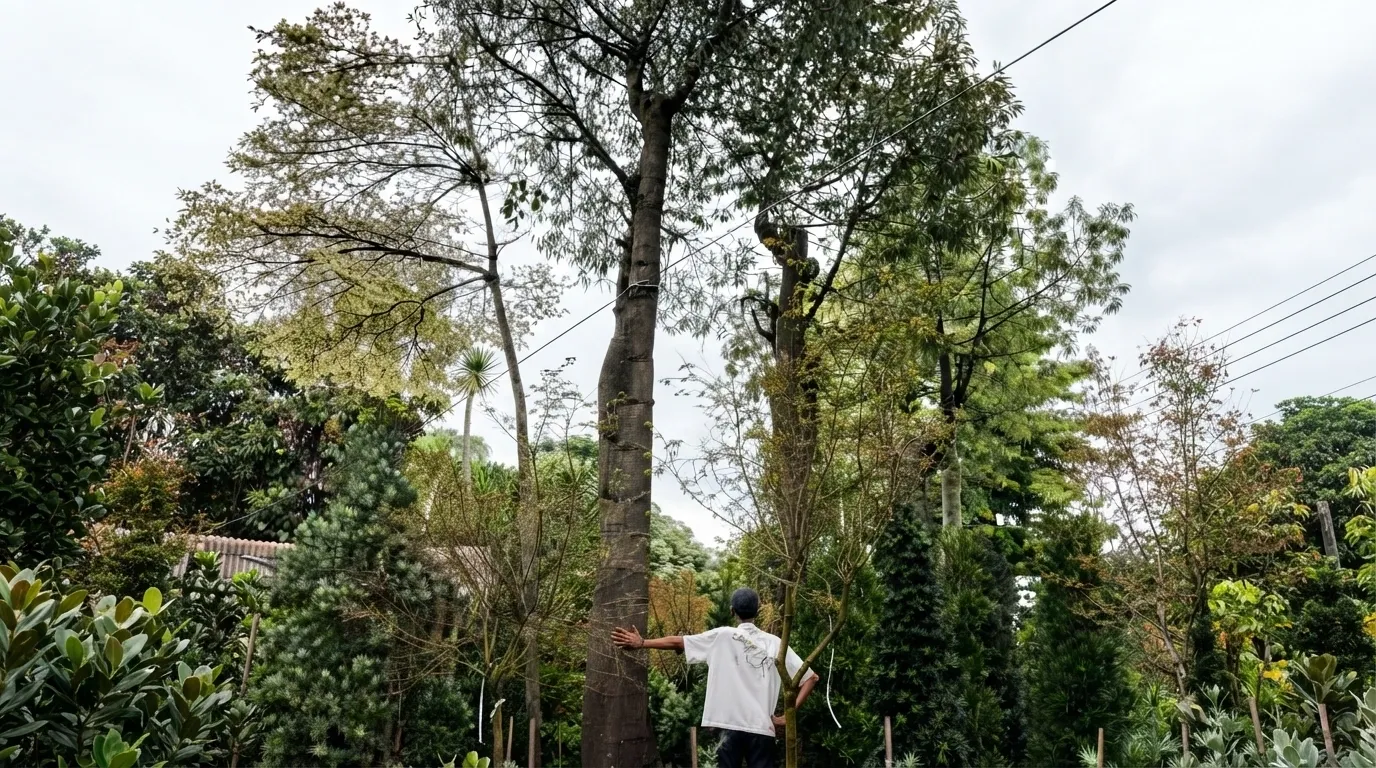 Petugas merentangkan tangan mengukur tinggi pohon besar